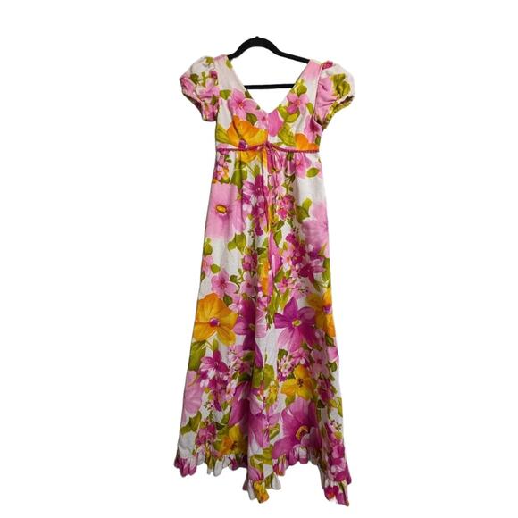 Hawaiian Pink Floral V Neck Puff Sleeve Empire Waist Maxi Dress XS (see meas) - Picture 1 of 11